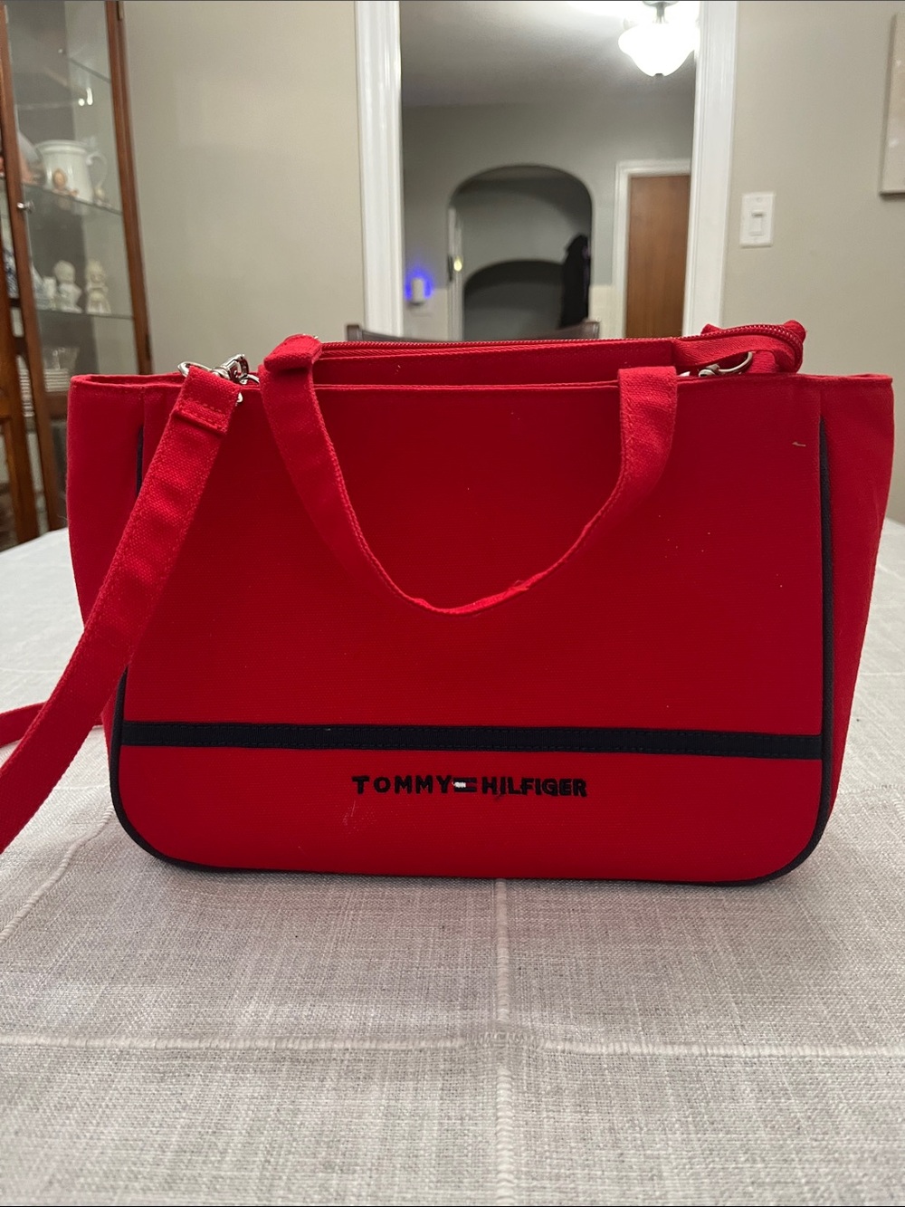 Tommy Hilfiger Bright Red Shoulder Tote and crossbody with navy Trim